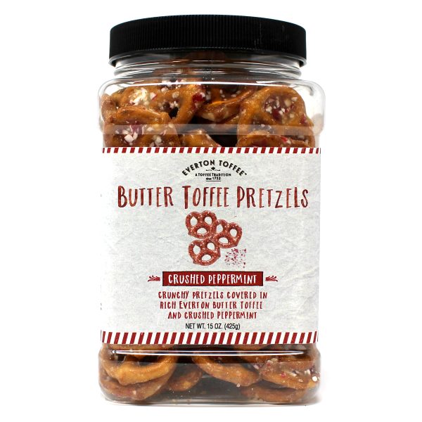 Butter toffee peppermint pretzels in a grab jar